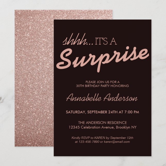 Jegliche altersrosa Rose Gold Glitzer Überraschung Einladung (Vorne/Hinten)