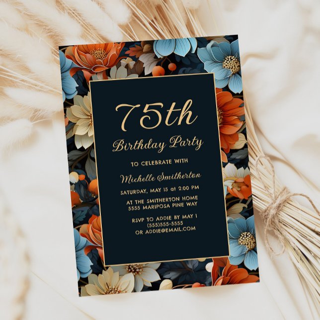 Jegliche Blue Orange Blume 75. Geburtstag Einladung (Blue and orange floral 75th birthday party invitation)