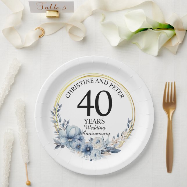 Jegliche Hochzeit (40) Eleganter blauer Flora Jahr Pappteller (Hochzeit)