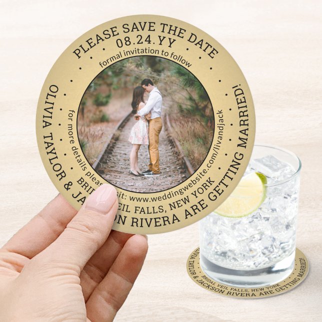Jegliche Hochzeit speichert das Foto Gold und Schw Runder Pappuntersetzer (Von Creator hochgeladen)
