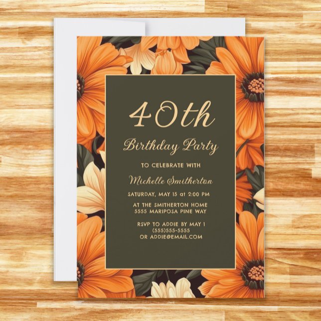 Jegliche orange Blume braun 40. Geburtstag Einladung (Orange flowers on brown 40th birthday party invitation)
