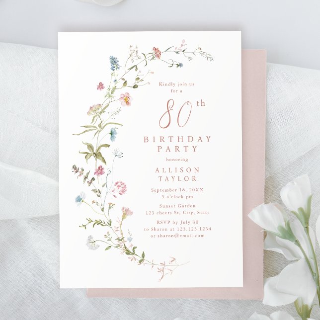 Jegliche Wildblume aus Dusty Pink Boho 80. Geburts Einladung (Any Age Dusty Pink Wildflower Boho 80th Birthday Invitation)