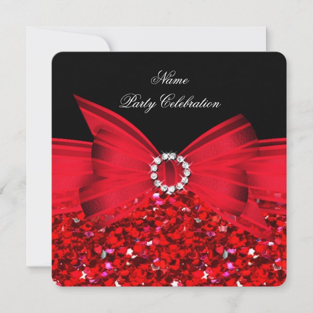 Jeglicher Age Luxury Glitzer Red Bow Black Party Einladung (Vorderseite)