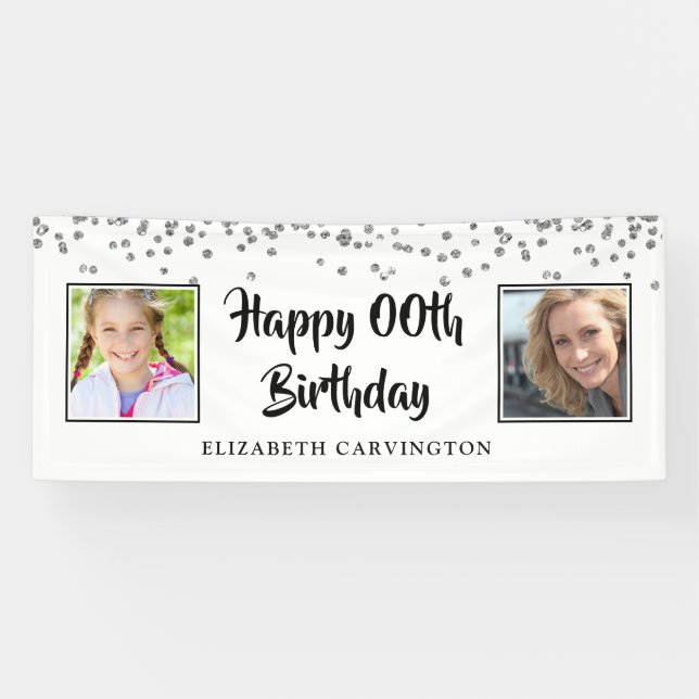 Jeglicher Geburtstag Dann & Jetzt Fotos Silver Con Banner (Horizontal)