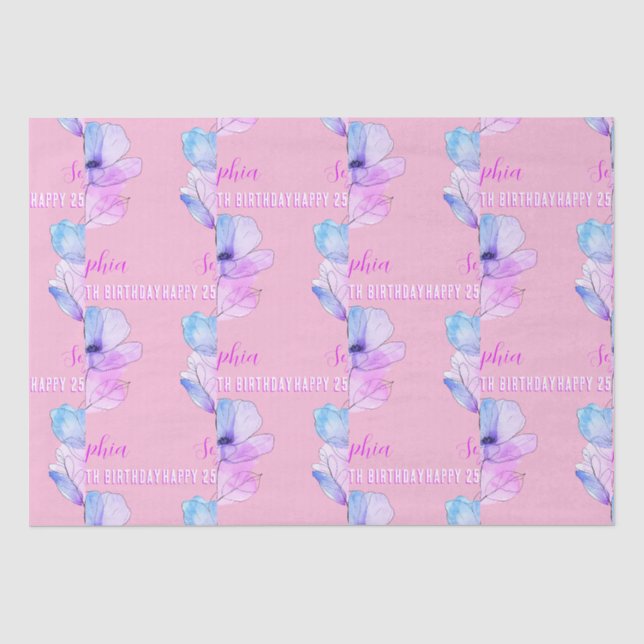Jeglicher Geburtstag, Name, Rosa und Blau Blume Seidenpapier (Vorderseite)