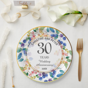 Jeglicher Hochzeitstag (30) Gold Frame Berries Pappteller