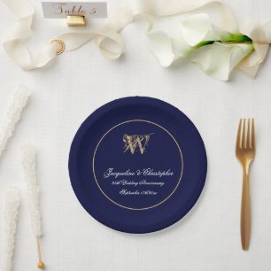 Jeglicher Jahrestag Monogram Script Chic Navy Blue Pappteller