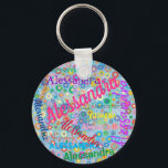 Jeglicher Name Collage Girl-Schlüsselanhänger mit  Schlüsselanhänger<br><div class="desc">Diese lustigen Schlüsselanhänger sind mit einem farbenfrohen, gürtelfreundlichen Design personalisiert, mit dem Namen Ihrer Wahl, die in zahlreichen verschiedenen Schriftart und Farben erscheinen. Die Namen werden auf einem blauen Hintergrund mit mehrfarbigen Blume angezeigt. Gutes Geschenk oder Gefallen für eine Geburtstagsparty eines Mädchens, oder jedes Mal, wenn Sie einen lustigen Schlüsselanhänger...</div>