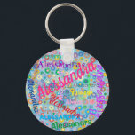 Jeglicher Name Collage Girl-Schlüsselanhänger mit  Schlüsselanhänger<br><div class="desc">Diese lustigen Schlüsselanhänger sind mit einem farbenfrohen, gürtelfreundlichen Design personalisiert, mit dem Namen Ihrer Wahl, die in zahlreichen verschiedenen Schriftart und Farben erscheinen. Die Namen werden auf einem blauen Hintergrund mit mehrfarbigen Blume angezeigt. Gutes Geschenk oder Gefallen für eine Geburtstagsparty eines Mädchens, oder jedes Mal, wenn Sie einen lustigen Schlüsselanhänger...</div>