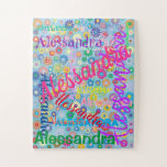 Jeglicher Name Collage Puzzle mit Blume<br><div class="desc">Dieses lustige Puzzle zeichnet sich durch ein farbenfrohes Girly-Design aus, in dem der Name Ihrer Wahl in zahlreichen Schriftart und Farben erscheint. Die Namen werden auf einem blauen Hintergrund mit bunten Blume angezeigt. Gutes Geschenk für alle, die ein personalisiertes Rätsel mögen!</div>