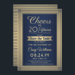 Jeglicher Ruhestand Elegant Navy Blue Gold Save The Date<br><div class="desc">Laden Sie Kollegen, Familie und Freunde zu einer eleganten Feier für ihn oder sie mit dieser Marineblau und Gold-Ruhestand-Party Einladung. Das Design verfügt über eine metallische Imitat-Grenze, moderne Streifen, stilvolle Skriptkalligraphie und Vintage Deko Typografie. Bitte beachten Sie, dass Gold gedruckt ist, nicht Folie. Diese Einladungsvorlage ist für jemanden, der nach...</div>