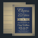 Jeglicher Ruhestand Elegant Navy Blue Gold Save The Date<br><div class="desc">Laden Sie Kollegen, Familie und Freunde zu einer eleganten Feier für ihn oder sie mit dieser Marineblau und Gold-Ruhestand-Party Einladung. Das Design verfügt über eine metallische Imitat-Grenze, moderne Streifen, stilvolle Skriptkalligraphie und Vintage Deko Typografie. Bitte beachten Sie, dass Gold gedruckt ist, nicht Folie. Diese Einladungsvorlage ist für jemanden, der nach...</div>