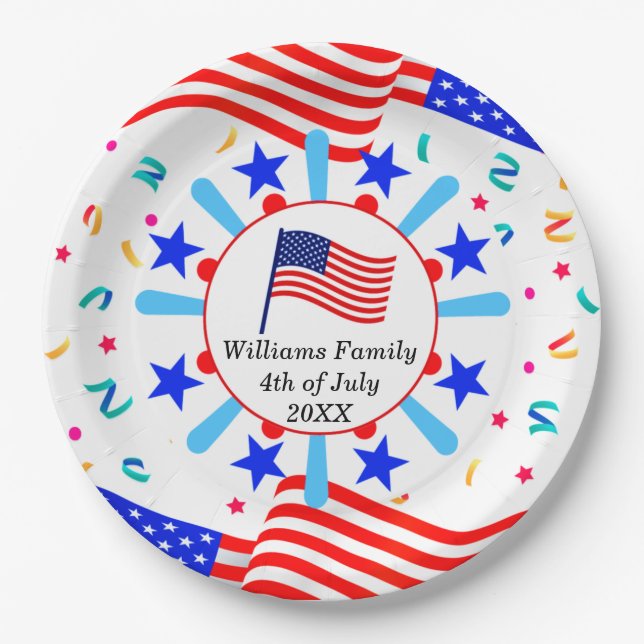 Jeglicher Text USA Flag Independence Day 4. Juli Pappteller (Vorderseite)
