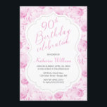Jegliches Age Floral Pink Rose 90th Script Geburts Einladung<br><div class="desc">Mit dieser floralen Einladung laden Sie Ihre 90. Geburtstagsfeier oder jedes Alter im Stil ein. Das Design-Template verfügt über Rose in Rosatönen an der Grenze. Für ein modernes rosa Drehbuch steht ein weißer Hintergrund mit "90th Birthday Celebration", der für jedes Alter personalisiert sein kann. Im Folgenden finden Sie weitere Party-Details...</div>