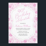 Jegliches Age Floral Pink Rose 90th Script Geburts Einladung<br><div class="desc">Mit dieser floralen Einladung laden Sie Ihre 90. Geburtstagsfeier oder jedes Alter im Stil ein. Das Design-Template verfügt über Rose in Rosatönen an der Grenze. Für ein modernes rosa Drehbuch steht ein weißer Hintergrund mit "90th Birthday Celebration", der für jedes Alter personalisiert sein kann. Im Folgenden finden Sie weitere Party-Details...</div>