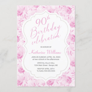 Jegliches Age Floral Pink Rose 90th Script Geburts Einladung