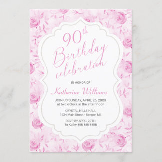 Jegliches Age Floral Pink Rose 90th Script Geburts Einladung