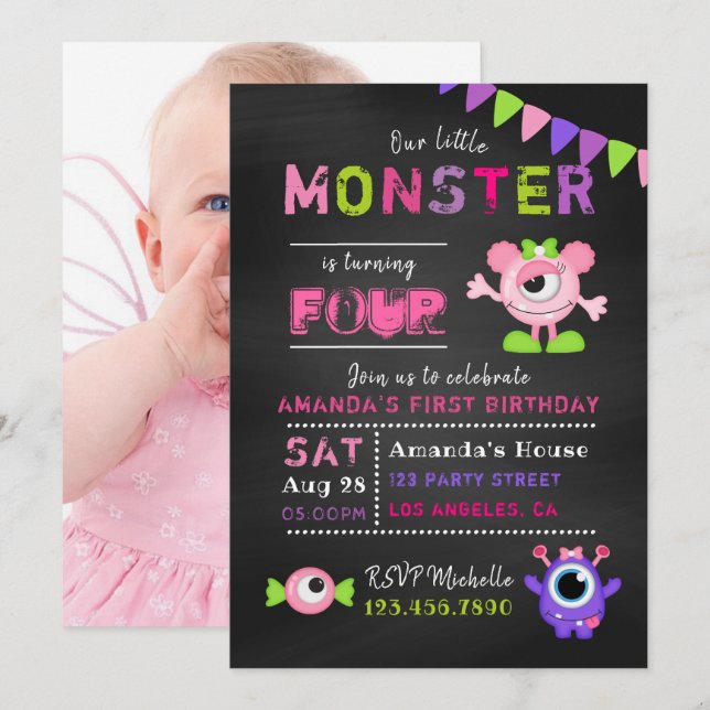 Jegliches Alter Chalkboard Kleines Monster Mädchen Einladung (Vorne/Hinten)