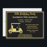 Jegliches Alter Geburtstagsparty Golf Black Gold   Einladung<br><div class="desc">Einzigartige Geburtstagsfeier - mit einem Golftonthema in Schwarz und Gold und perfekt für einen Golfer. Es verfügt über einen vergoldeten Golf Cart und es gibt viel zu personalisieren, um für Ihre eigene Veranstaltung geeignet zu machen. Alle Design-Fragen, senden Sie einfach eine E-Mail an charmdesignstudio@rcn.com und wir freuen uns, Ihnen zu...</div>