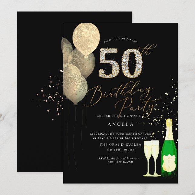 Jegliches Alter, Gold Glitzer Balloons Diamant Einladung (Vorne/Hinten)