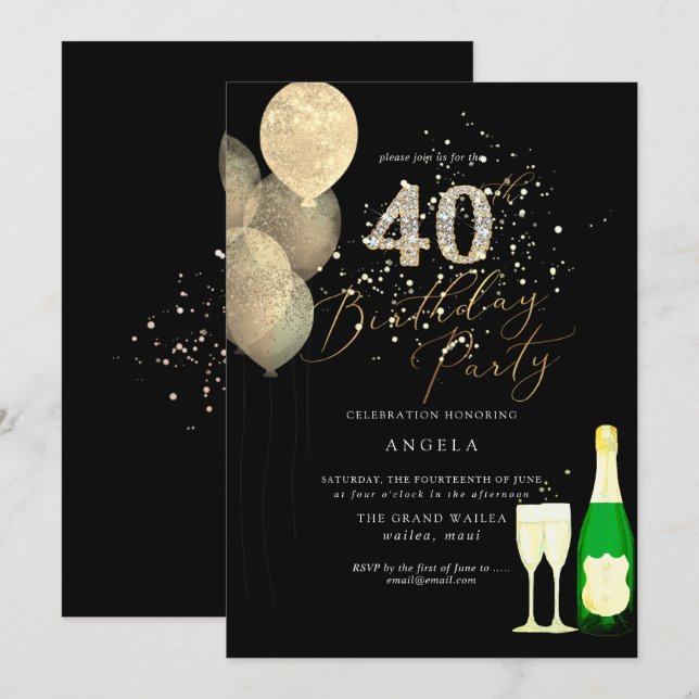 Jegliches Alter, Gold Glitzer Balloons Diamond Einladung (Vorne/Hinten)