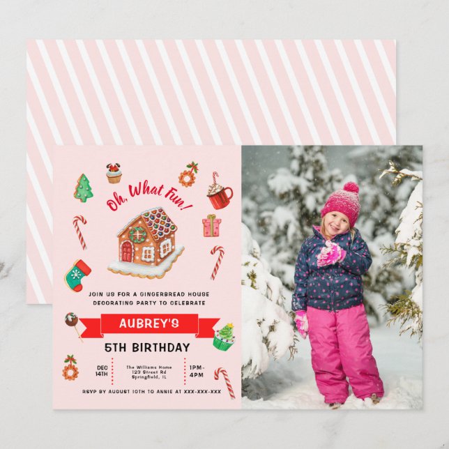 Jegliches Alter rosa Lebkuchen Weihnachten Geburts Einladung (Vorne/Hinten)