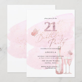 Jegliches Alter, rosa Watercolor Champagner 21. Einladung
