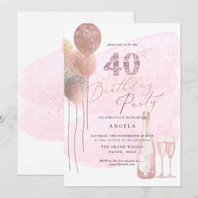 Jegliches Alter, Rose Gold Balloons Rosa Diamanten Einladung (Vorne/Hinten)