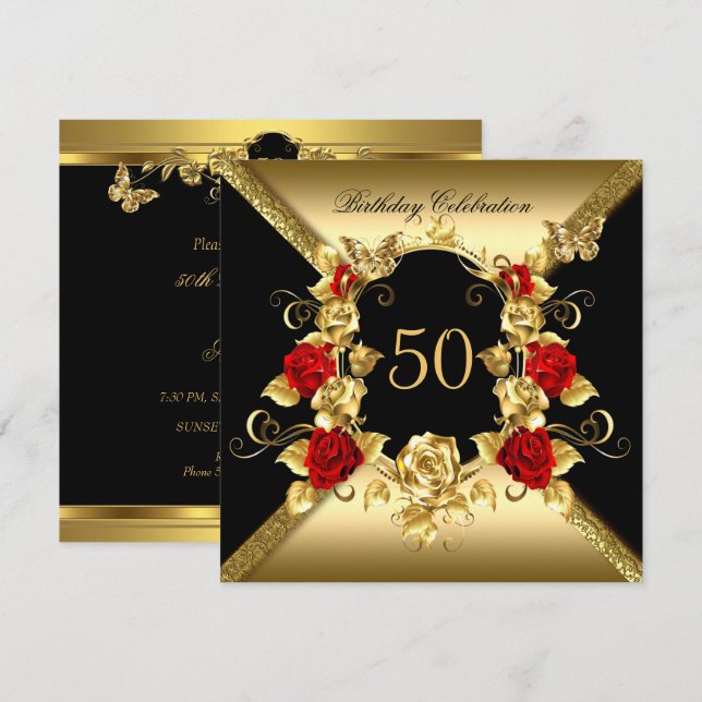 Jegliches Geburtstag Elegante Gold Rote Rosen Schw Einladung (Vorne/Hinten)