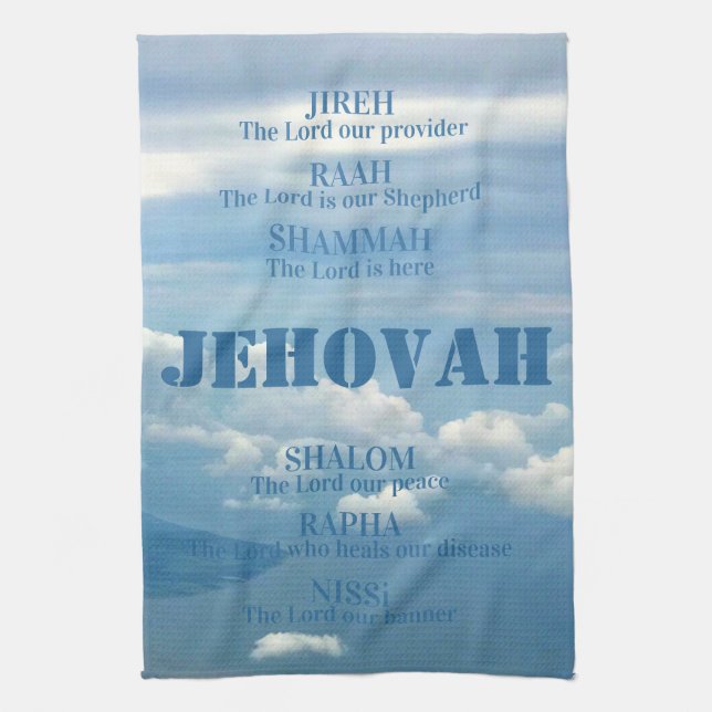 Jehova Jireh Shalom Rapha Blu Sky White Clouds Geschirrtuch (Vertikal)
