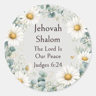 Jehovah Shalom, weiße Gänseblümchen Eukalyptus Whi Runder Aufkleber