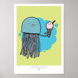 Jellyfish and ice cream A4 print Green background Poster