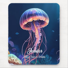 jellyfish art, white script name and extra text mousepad