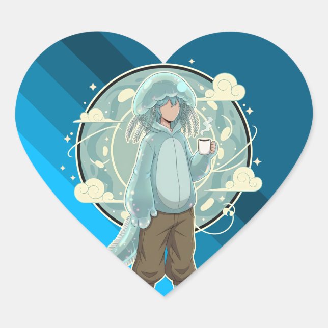 Jellyfish Boy Anime Coffee Art Herz-Aufkleber (Vorderseite)