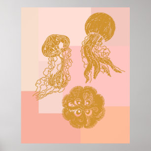 Jellyfish Vintage Ocean Illustration Pink and Gold Poster
