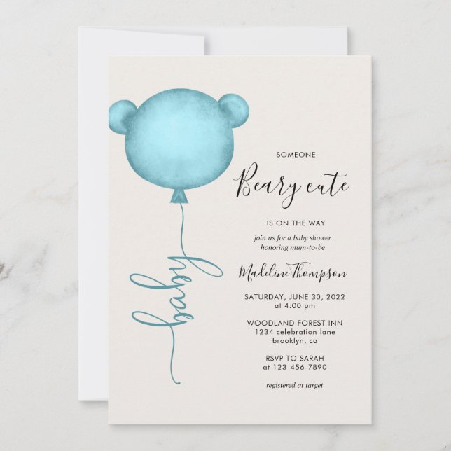 Jemand Beary Niedlich Blue Balloon Baby Dusche Einladung (Vorderseite)