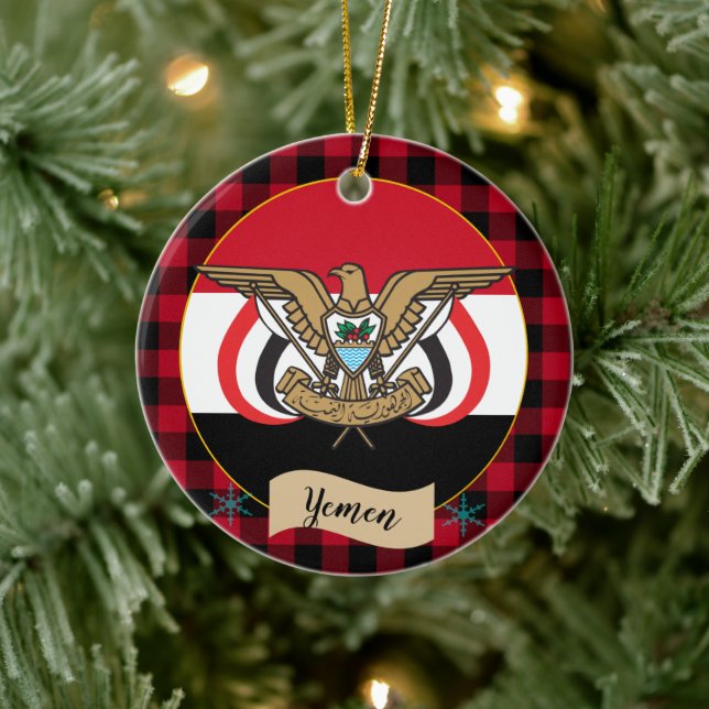 Jemen, roter Büffel kariert und jemenitische Flagg Keramik Ornament (Baum)