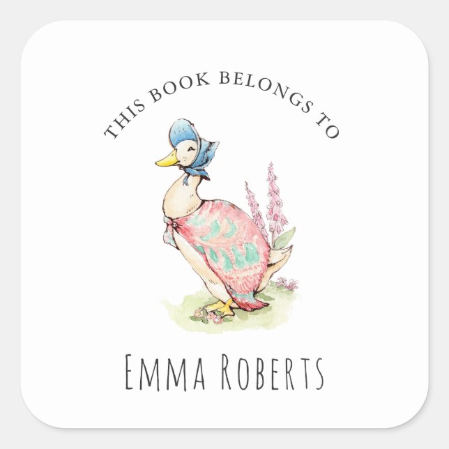 Jemima Duck 'This Book Belongs'Kids Buchzeichen Quadratischer Aufkleber (Vorderseite)