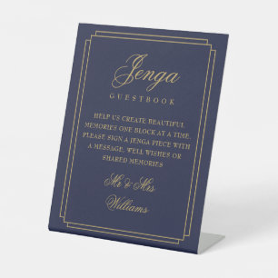 Jenga-Gästebuch Navy Blau und Gold Art Deco Sockelschild
