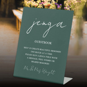 Jenga-Gästebuch Smaragdgrün minimalistisches Skrip Sockelschild