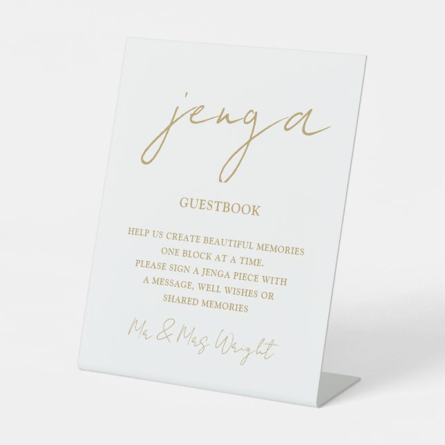 Jenga Guestbook Chic Gold Minimalistisches Script Sockelschild (Vorderseite)
