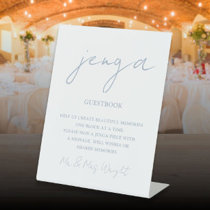 Jenga Guestbook Dusty Blue Minimalistisch Script Sockelschild