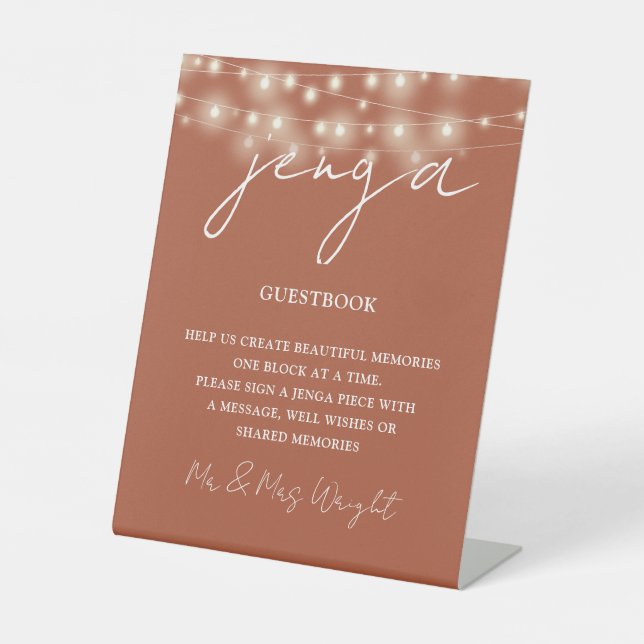 Jenga Guestbook Terracotta String Lights Sockelschild (Vorderseite)