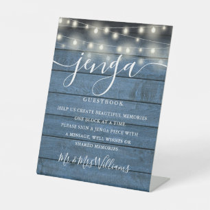 Jenga Hochzeitsgästebuch Lichterkette Blau Holz Sockelschild
