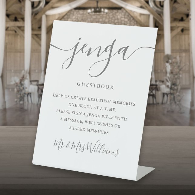 Jenga Wedding Guestbook Elegante Gray Script Sockelschild (Jenga Wedding Guestbook Elegant Gray Script Pedestal Sign)