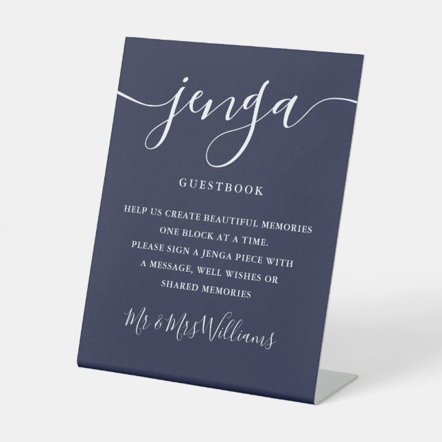 Jenga Wedding Guestbook Elegantes Script Navy Blue Sockelschild (Vorderseite)