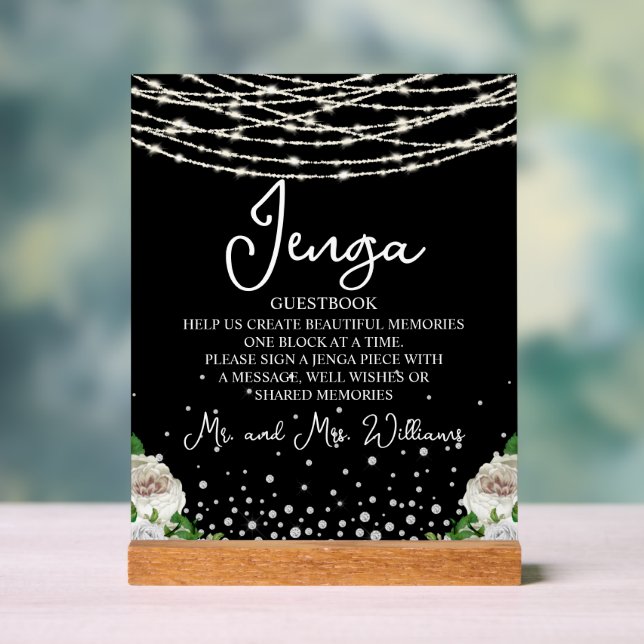 Jenga Wedding Guestbook String Lights Black Acrylschild (Neutral)