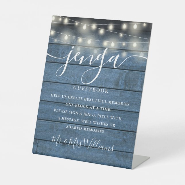 Jenga Wedding Guestbook String Lights Blue Wood Sockelschild (Vorderseite)