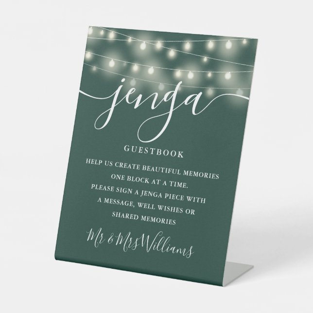 Jenga Wedding Guestbook String Lights Emerald Sockelschild (Vorderseite)