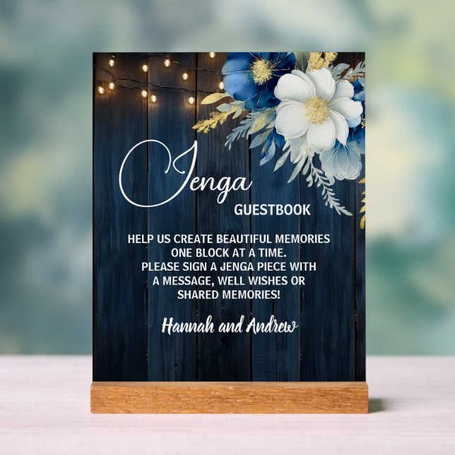 Jenga Wedding Guestbook String Lights Floral Acrylschild (Neutral)